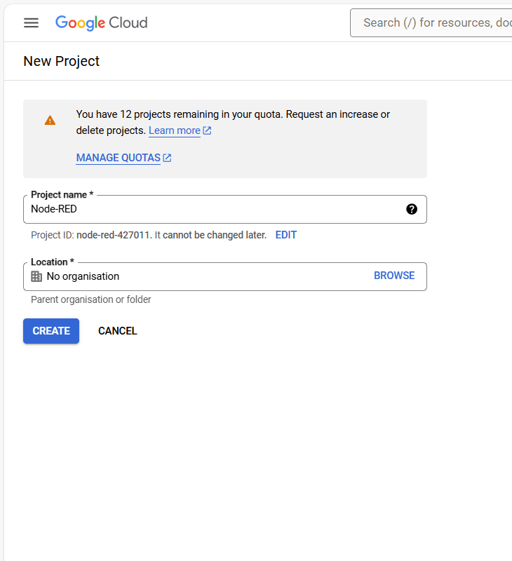 Screenshot showing the Form to create the project "Screenshot showing the Form to create the project"
